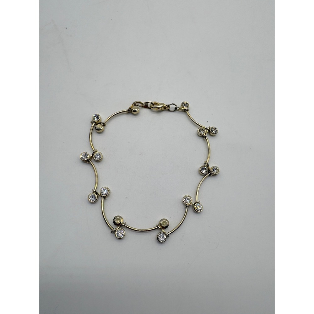 Gold Tone Wavy Bar Clear Rhinestone Bezel  Link‎ Bracelet 7 Inch
